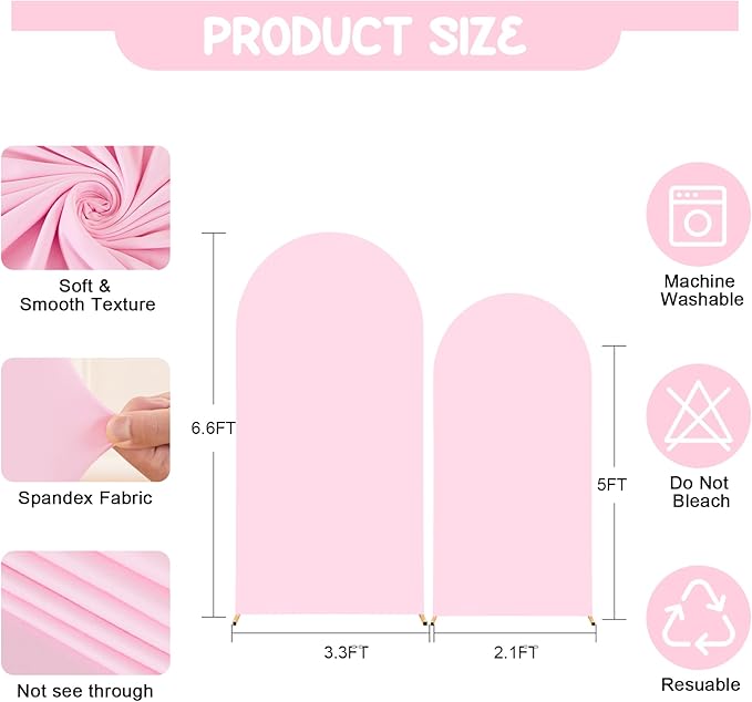 Baby Pink Arch Backdrop Covers - 6.6FT, 5FT Spandex Fitted Wedding Arch Stand Covers Round Top Chiara Stretchy Arch Backdrop Cover for Wedding Birthday Party Decoration