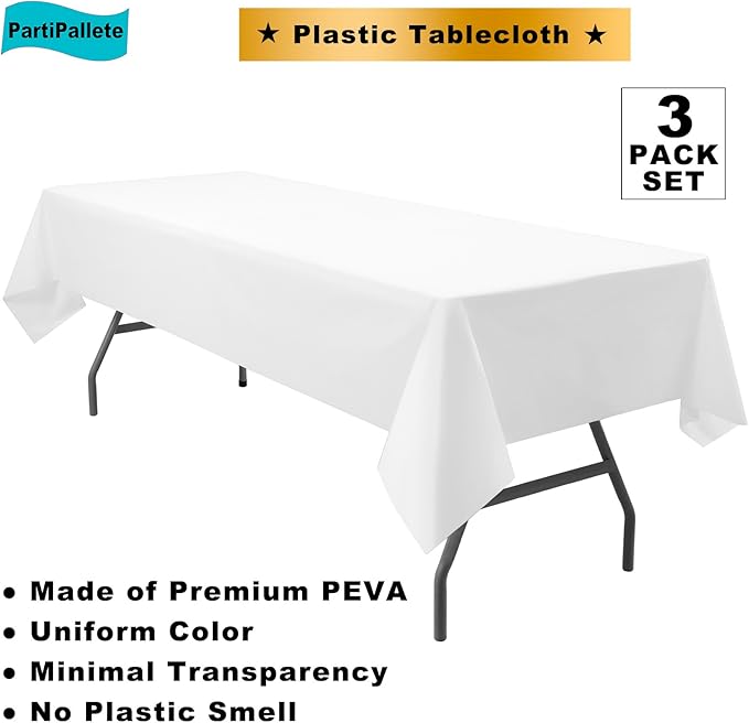 3-Pack Premium Plastic White Tablecloth Disposable 54" x 108" Rectangle Table Cover Party PEVA Table Cloths for Parties Birthday Wedding Engagement Banquet Fits up to 8 ft Long Tables