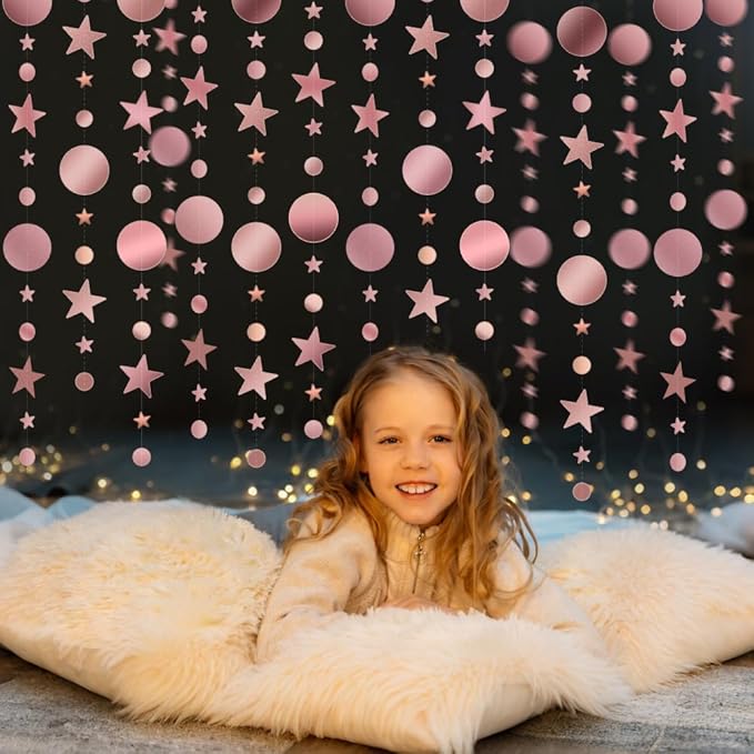 Glitter Star Garlands Decorations, 52 Feet Star Paper Garland Banner, Circle Dot Star Hanging Streamers for Valentine's Day Wedding Anniversary Birthday Ramadan Graduation Party Supplies Decorations