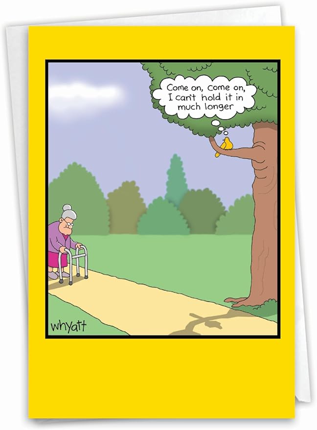 NobleWorks - 1 Hilarious Greeting Card for Birthday - Funny Birthday Cartoon, Comic Notecard - Hold It In C2450BDG