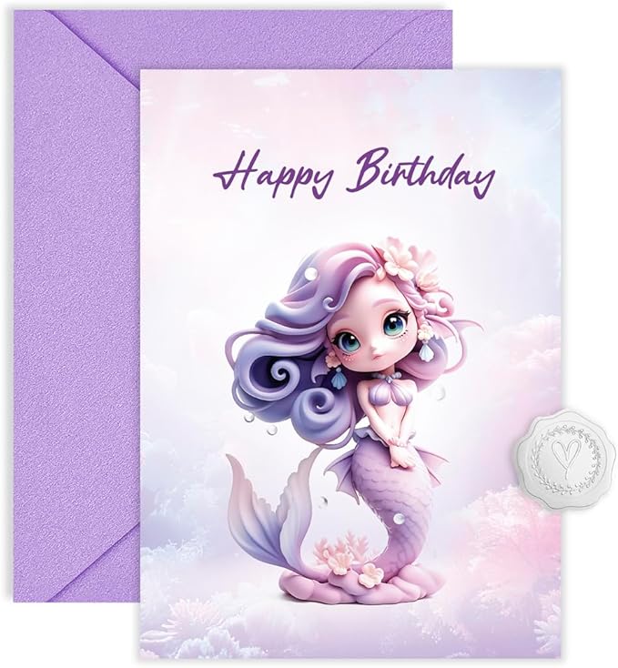 Whimsical Mermaid Birthday Card for Girls & Women - Cute Purple Fantasy Greeting Card for Daughter, Granddaughter, Niece - 5x7 Happy Birthday Card with Envelope & Sticker Seal - Premium Thick Card Stock