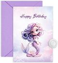 Whimsical Mermaid Birthday Card for Girls & Women - Cute Purple Fantasy Greeting Card for Daughter, Granddaughter, Niece - 5x7 Happy Birthday Card with Envelope & Sticker Seal - Premium Thick Card Stock