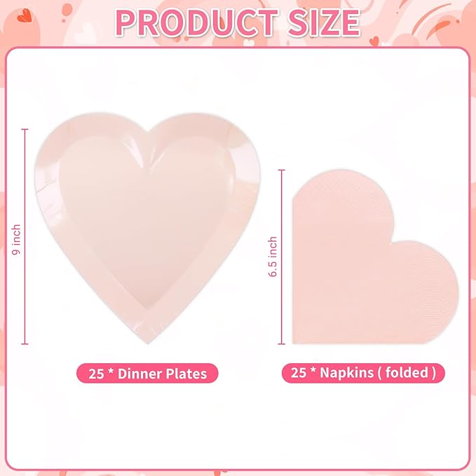 Valentine's Day Party Supplies, Heart Shaped Disposable 9" Paper Plates and 3 Ply Napkins for Best Mom Gift, Valentine's Day Engagements Wedding Anniversaries Bridal Showers Birthday, 50 Count / Blush