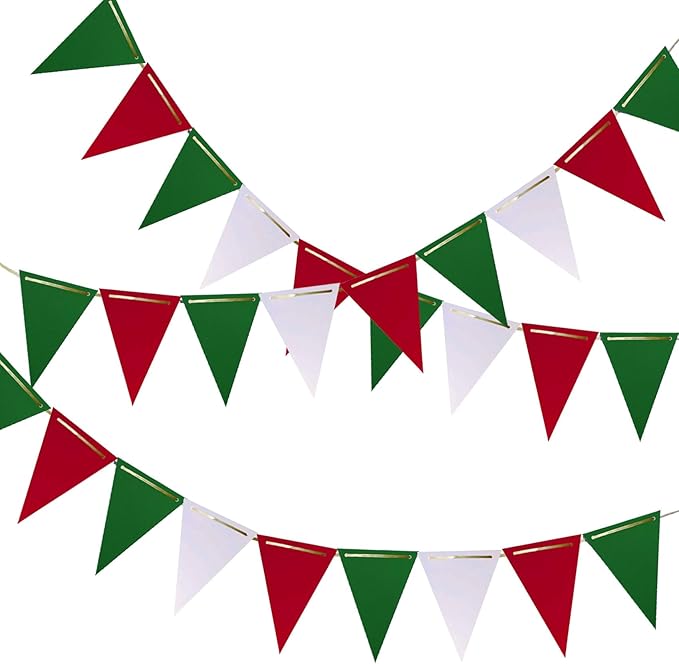 Red White and Green Pennant Banner Christmas Paper Triangle Flag Hanging Decoration for Wedding Birthday Baby Shower Family Party（36pcs Triangle Flag）