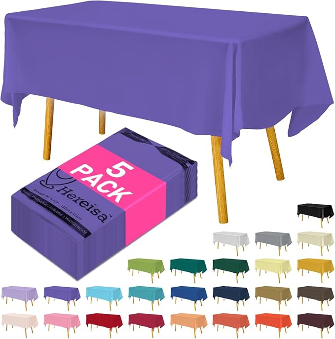 Disposable Plastic Tablecloth Purple 54x108 Inch, 5-Pack Waterproof Rectangular Table Cover for Parties, Picnics, Dining Protection
