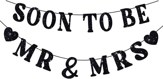 Soon To Be Mr & Mrs Sign, Bridal Shower Banner, Pre-Strung Black Glitter Wedding Shower Decorations, Couples Shower Decorations for Mantle Hanging Sign Engagement Banner