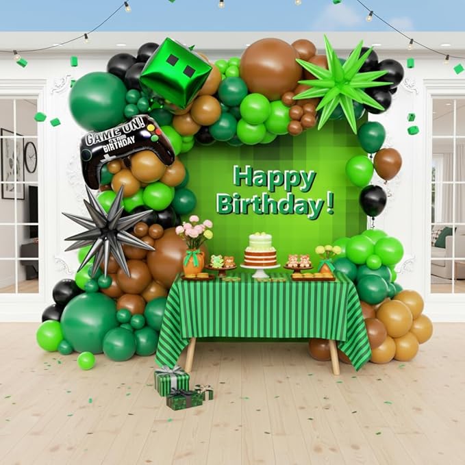 158Pcs Pixel Balloon Garland Arch Kit - Video Game Party Decorations with 18 12 10 5 Different Sizes Green Brown Black Latex Balloons for Pixel Birthday Baby Shower Boy Gaming Theme Decorations