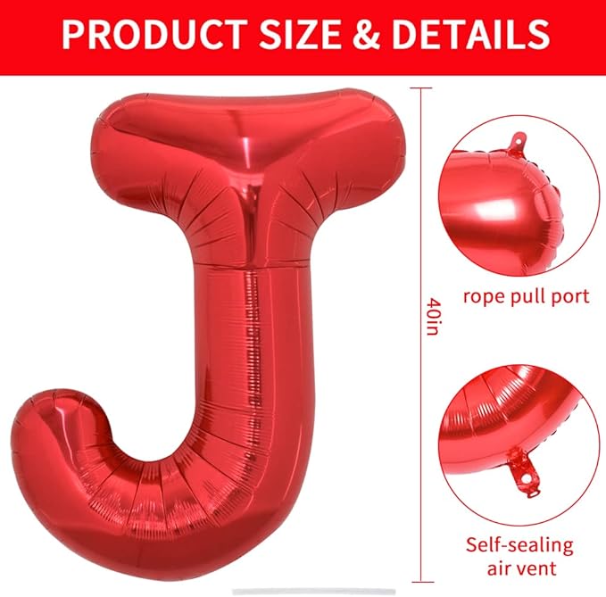 TONIFUL 40 Inch Large Bright Red Letter Balloons A-Z, Giant Jumbo Helium Foil Mylar Big Letter J Balloons for Birthday Party Anniversary Wedding Decorations