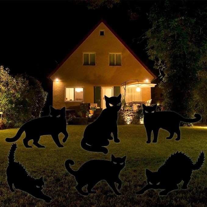 6Pack Halloween Black Cat Decorations Signs with Stakes Glow in the Dark Eyes，Scary Waterproof Cat Yard Lawn Signs for Patio Garden Outdoor Decor