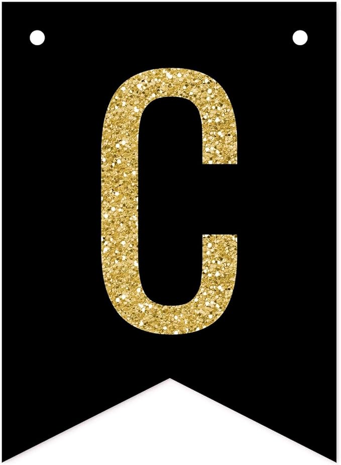 Andaz Press Faux Gold Glitter on Black Party Banner Decorations, Cards and Gifts, Approx 5-Feet, 1-Set, Birthday Wedding Baby Shower Colored Hanging Pennant Decor
