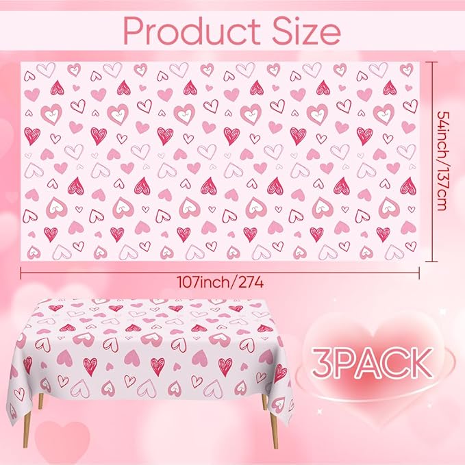 Valentines Tablecloth, 3Pack Valentines Day Tablecloth Decorations, 54x108 Inch Pink Heart Valentine Table Cloth Rectangle Disposable Table Cover for Valentine's Day Anniversary Wedding Party Supplies