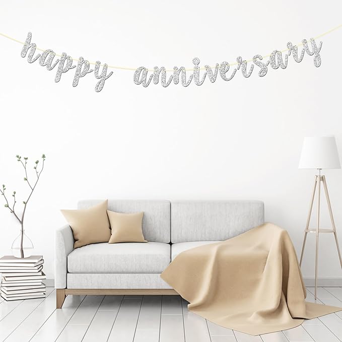 Silver Glitter Happy Anniversary Banner, Party Decorations for Wedding Anniversary Party