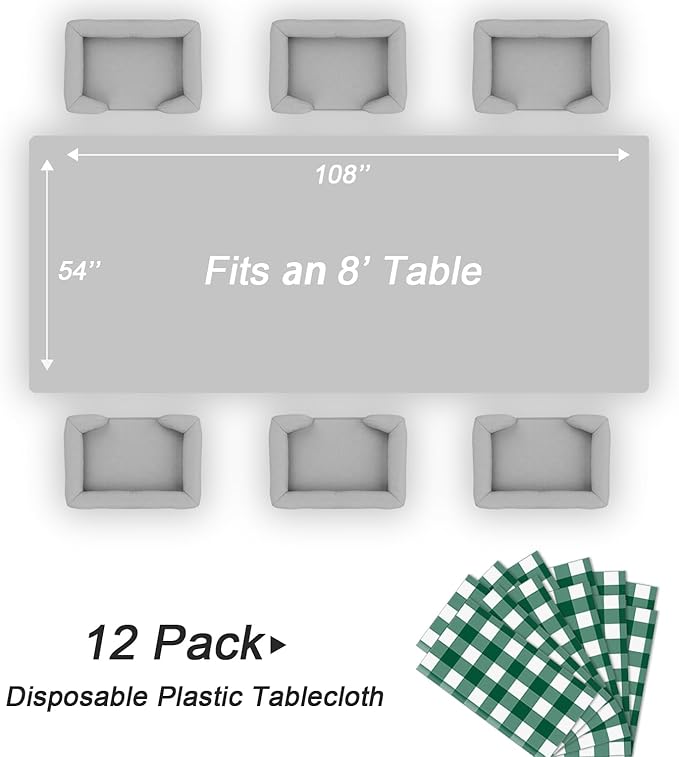 QIKSION Green Gingham Tablecloth Disposable 12 Pack, 54 x 108 Inch Green and White Checkered Table Cloth for Camping, Birthday, Masters Golf Party Supplies, Rectangle, Plastic Table Cover