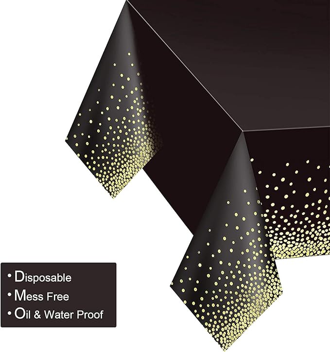 Gexolenu 6 Pack Black and Gold Tablecloth for Rectangle Tables, Plastic Disposable Dot Confetti Party Table Covers for Birthday, Graduation, New Year Party, Anniversary, 54" x 108"