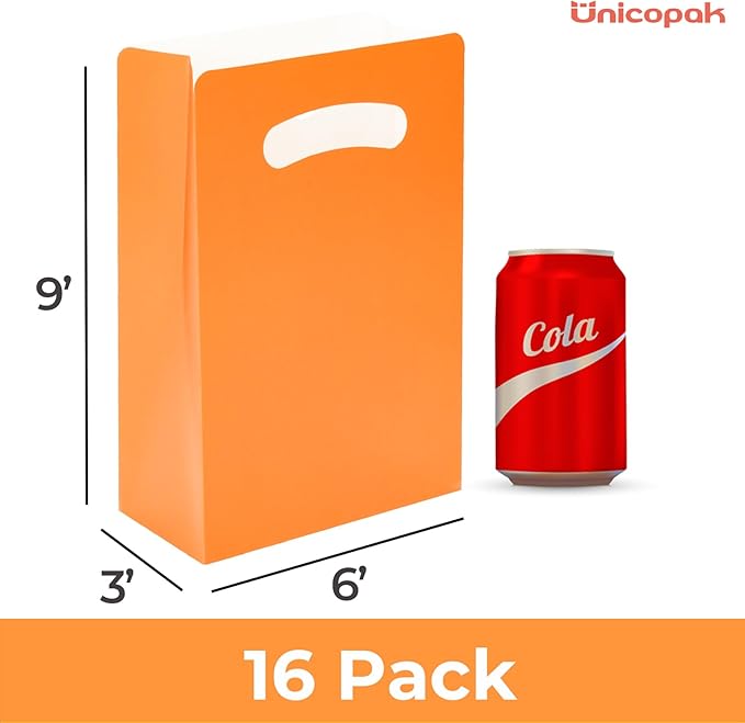 UnicoPak 16 Pack Orange Party Favor Bags Birthday Goodie Bags Small Gift Bags for Party, Treat, Candy, Cookie, Goody, 6x3x9 inches