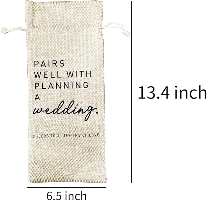 Pairs Well With Planning a Wedding Wine Bag, Engagement, Funny Personalized Burlap Drawstring Wine Bag for Friend Newlyweds, Wedding Party Decorations (J353)
