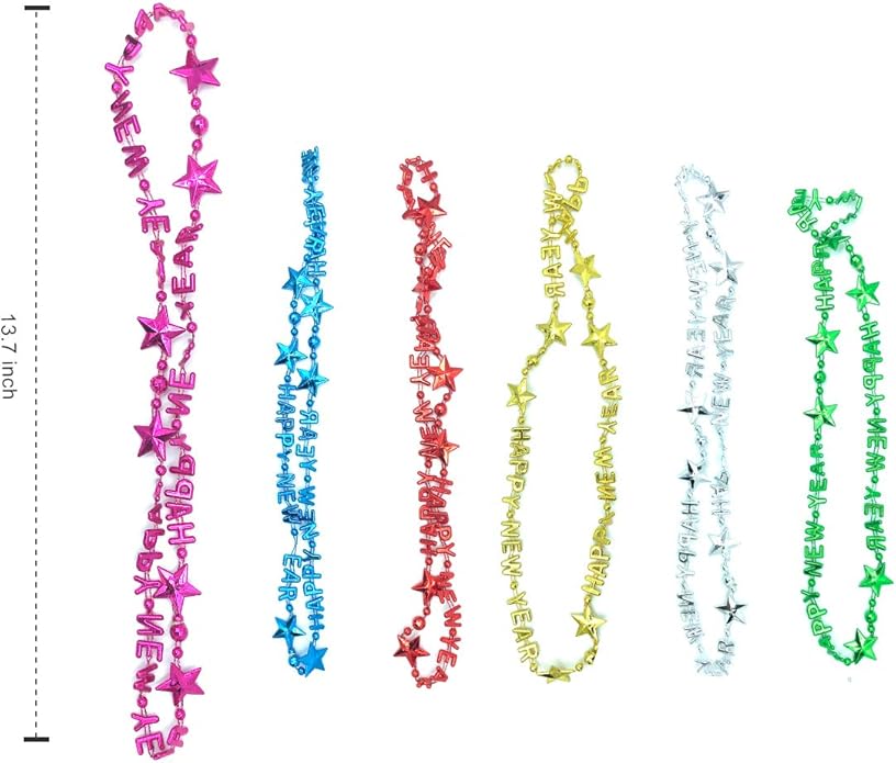 Pack of 12 Happy New Year Eve Assorted Shiny Color Party Bead Necklaces