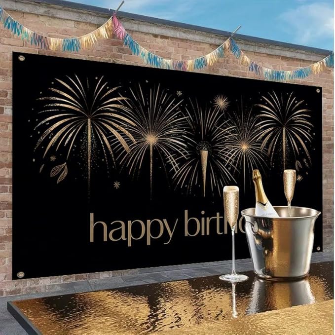 Happy Birthday Decorations Banner 71x43 Inch, Black Gold Fireworks Birthday Backdrop for Adult Party, Large Photo Booth Background Supplies
