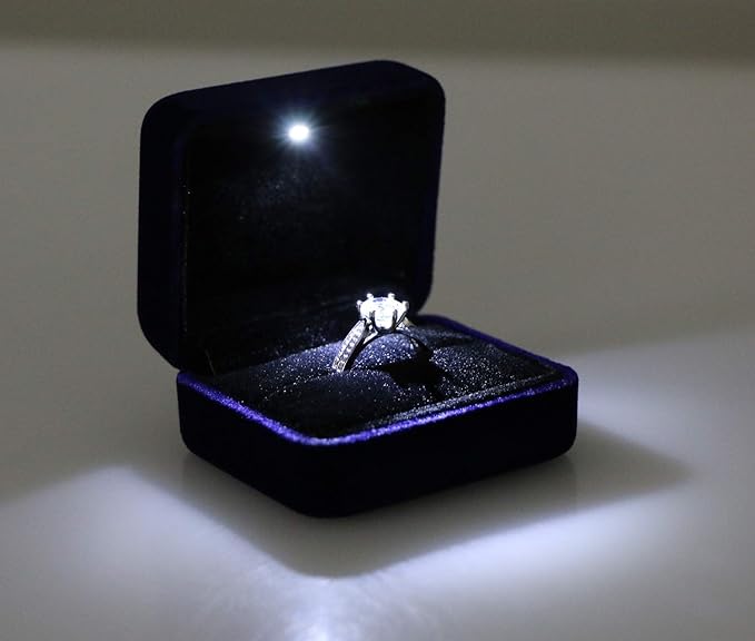 Velvet Metal Glossy with LED Jewelry Gift Box for Proposal, Engagement, Wedding - Easy to fit into Your Pocket or Handbag - Blue