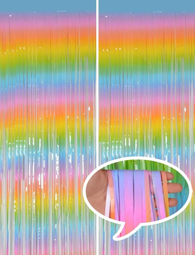 Melsan Pastel Tinsel Backdrop for Easter Decorations, Macaron Rainbow Foil Fringe Curtains 3.2 ft x 8.2 ft for Birthday Party Photo Booth Props Decoration, 2 Pack