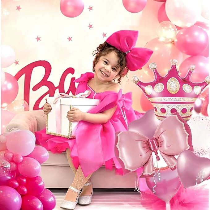 Princess Crown and Hearts Foil Balloon Bouquet, Pink, 5-Piece Party Decoration Set