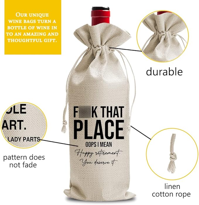 JioJio Chan Funny Retirement Quote Wine Bags Presents, Retired Teacher Gifts for Women Retirees, Coworker, Gift for Boss, Cotton Linen Drawstring Wine Bags (J484)
