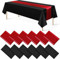 12Pack 12x108 Inch Satin Table Runner and 54x108Inch Plastic Tablecloths Set Black and Red Disposable Rectangle Table Cover for Graduation Wedding Bridal Shower Anniversary Birthday Party Decorations