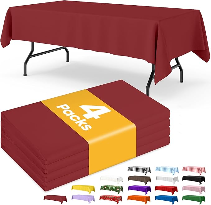 Burgundy Plastic Table Cloth - 4 Pack 54" × 108" Rectangle Disposable Tablecloths for 6FT Tables, Table Cover for Party, Holiday & Gathering Use
