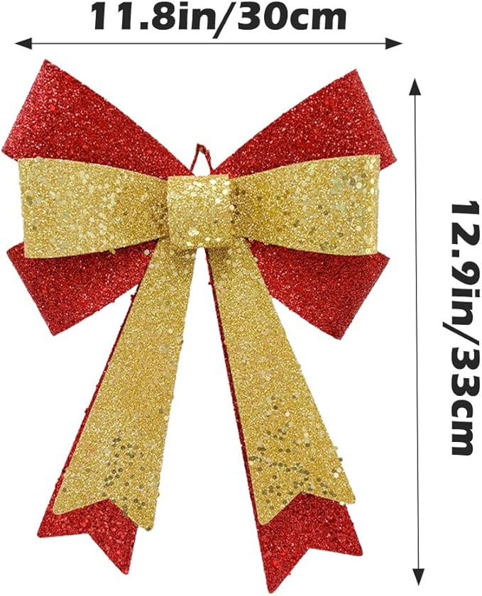 Metal Sparkly Christmas Red Bow Wall Decoration Hanging Xmas Red Bow for Wreath Christmas Tree Topper Ornaments Outdoor Indoor Christmas Decorations for Party Front Door Porch Home