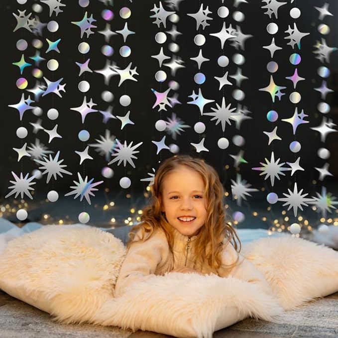 Glitter Star Garlands Decorations, 46 Feet Star Paper Garland Banner, Circle Dot Star Hanging Streamers for Valentine's Day Wedding Anniversary Birthday Ramadan Graduation Party Supplies Decorations