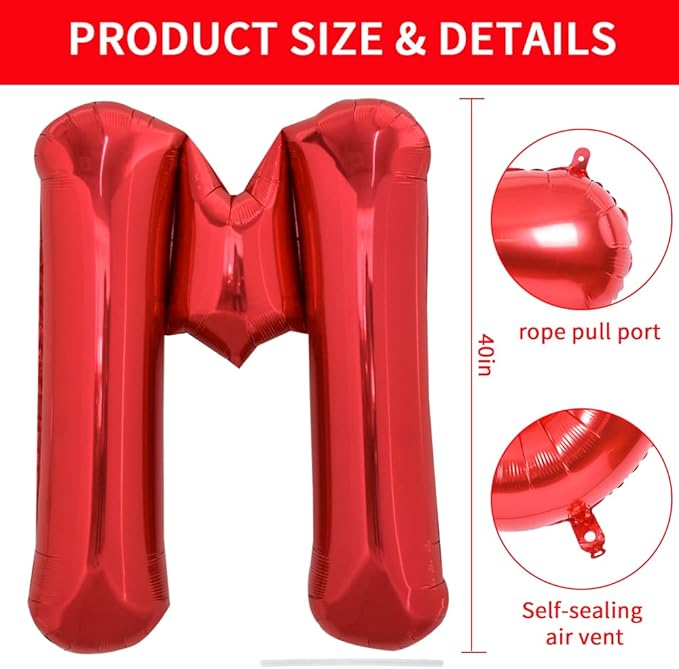 TONIFUL 40 Inch Large Bright Red Letter Balloons A-Z, Giant Jumbo Helium Foil Mylar Big Letter M Balloons for Birthday Party Anniversary Wedding Decorations