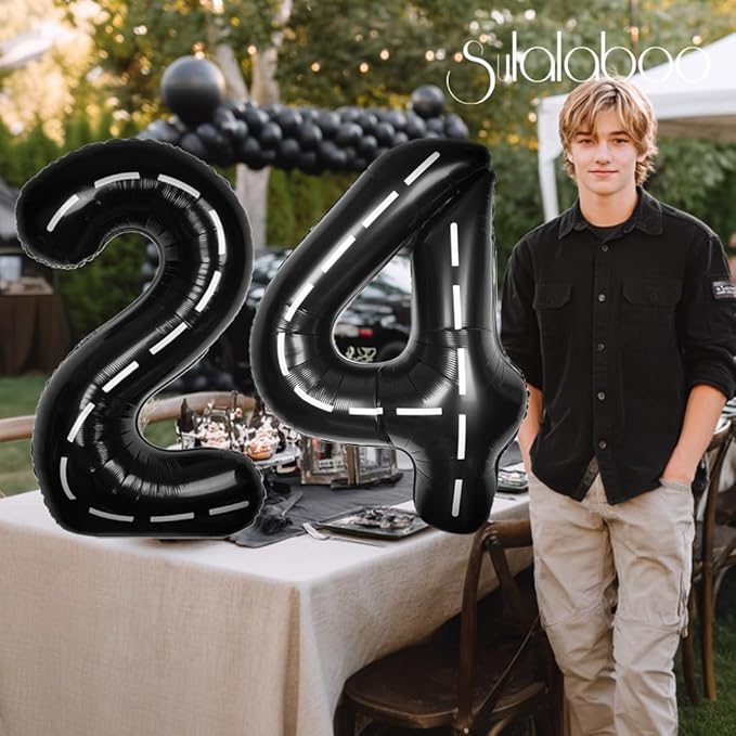 Race Car 40Inch Black 24 Balloon Number Large Helium Race Track 0-9 Giant Digital 24th Foil Mylar Big Party Number Balloons for Boy Birthday Car Theme Party Anniversary Graduation Decorations