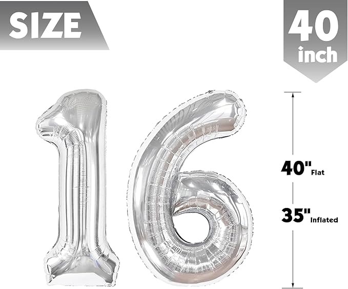 40 Inch Sliver Number 16 Balloon, Giant Number 16 Balloons for 16th Birthday Decorations, Party Supplies for Baby Boy Girl, Sliver Party Decor