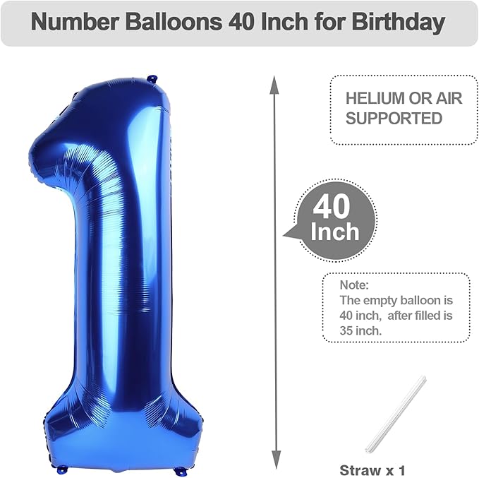 Number Balloons 40 Inch 1 Balloon for Birthday Party, Blue One Balloons Foil Number 1 Ballon for 1, 10, 11, 100 Celebration, Boy and Girl Birthday, Baby Shower, Anniversary Decor