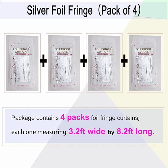 4 Pack Silver Foil Fringe Curtain - Metallic Tinsel Streamer Backdrop for Birthday Party Decorations