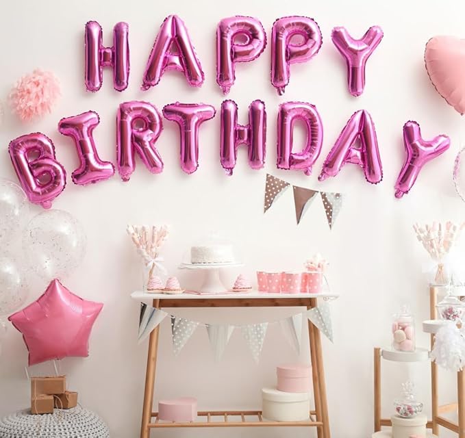 KALOR Hot Pink Happy Birthday Balloons Banner, 16 Inch Mylar Foil Letters Balloon Sign for Birthday Party Decorations Photo Booth Backdrop