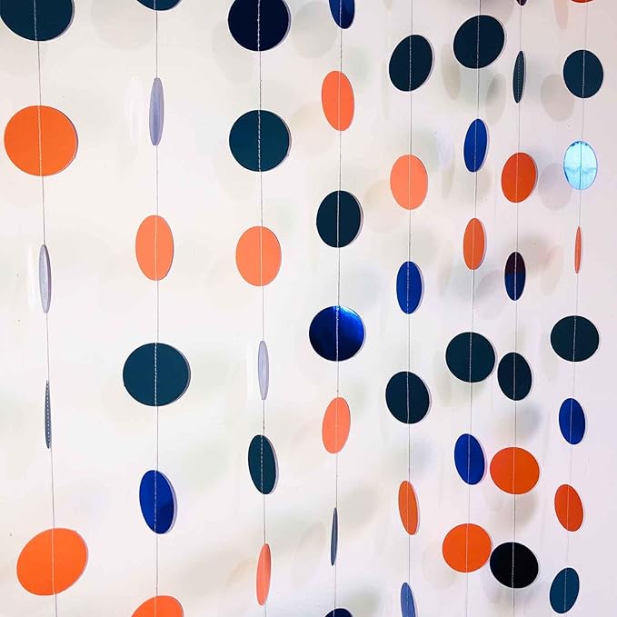 We Moment 50ft Glitter Navy Blue Orange Party Decorations Paper Circle Dot Garland Backdrop Paper Polka Dot Hanging Decor for Wedding Birthday Baby Shower Bridal Shower Graduate