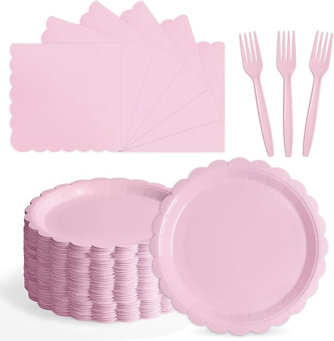 105PCS Paper Plates and Napkins Set,7 Inch Scalloped Disposable Tableware with Forks for Birthdays, Garden Parties & Outdoor Events,Serves 35 (Light Pink)
