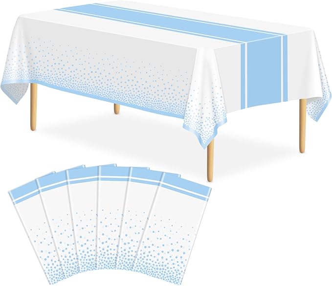 6 Pack White and Light Blue Tablecloth Party Decorations Plastic White Tablecloth Printed Light Blue Table Runner 54 x108 Inch Disposable Rectangle Table Cover for Birthday Wedding Graduation
