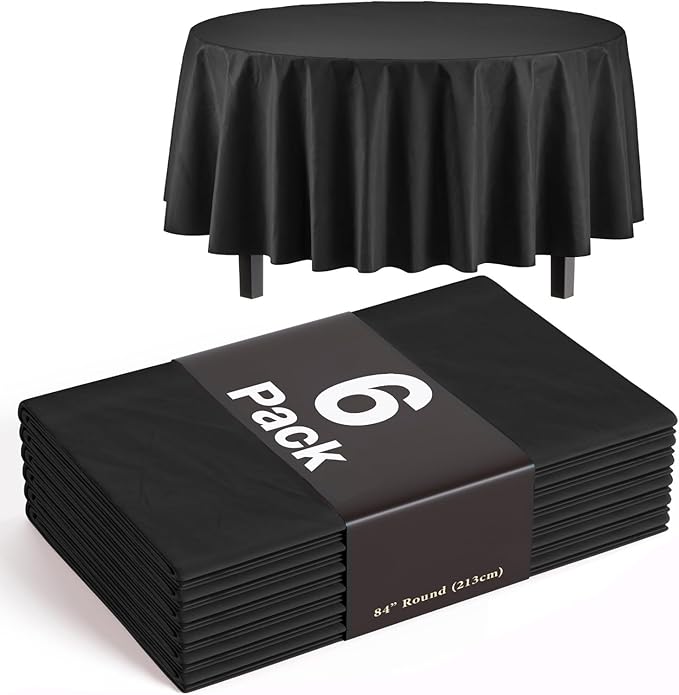 Exquisite 6-Pack Plastic Tablecloth 84 inch Round Value Pack Plastic Table Cover - Black
