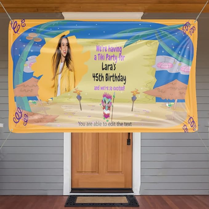 Custom Happy Birthday Vinyl Banner Sign, Personalized Party Backdrop, Gift, and Decoration - From NiceMemoryLLC. (tiki style)