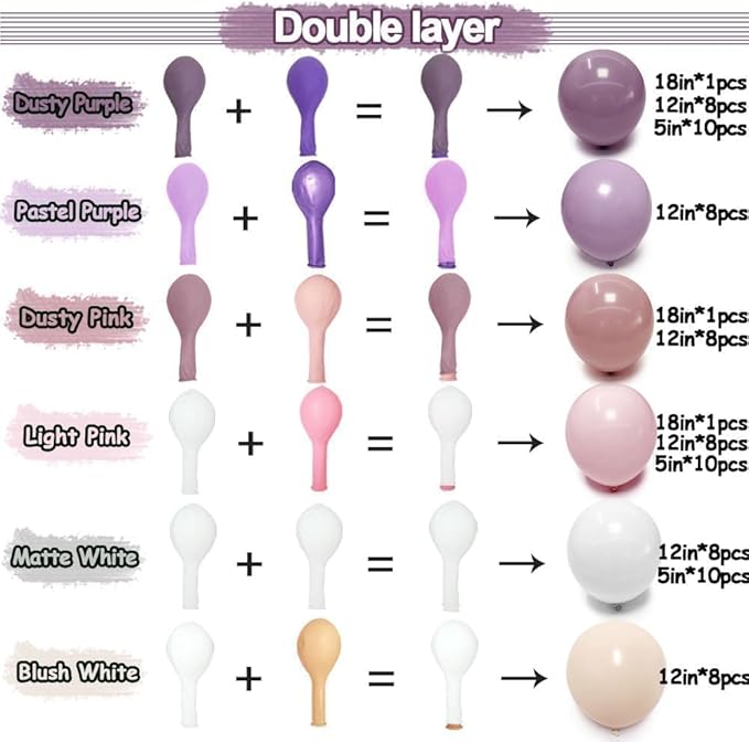 Purple Pink Balloon Arch Kit, Double Stuffed Pastel Pink Lavender White Beige Balloon Garland Dusty Light Lilac Cream Balloons for Birthday Baby Shower Wedding Butterfly Flower Party Decor