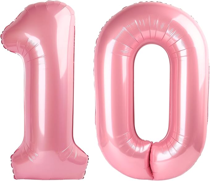 10 Number Balloons, 40 Inch Pearl Pink Balloons for Woman Man 10th Birthday Decoration, Foil Number 10 Ballon for 10, 100 Anniversary, Bridal Shower, Graduation, Wedding, Valentine's Day