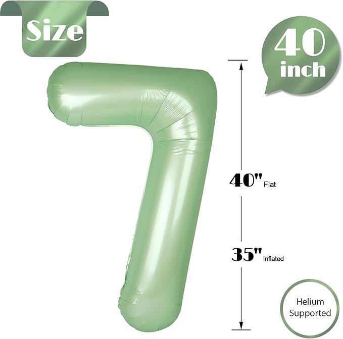 Sage Green Number 7 Balloon 40 Inch, 7 Balloon Number, 7th Birthday Decorations, Oliver Green Party Supplies for Boys Girls