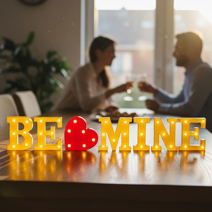 Honoson 7 Pcs Valentines Day Decoration, Be Mine Light up Sign Romantic Heart LED Letters Lights for Valentine Day Engagement Confession Proposal Boyfriend Girlfriend Lover Special Night Party Decor