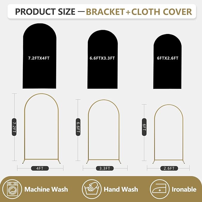 Arch Backdrop Stand and Cover Set, 3 Metal Balloon Arch Backdrop 7.2ft 6.6ft 6ft, Gold Arched Stand Frame for Wedding, Parties,Birthday, Backdrop Decorations (Black,7.2ft+6.6ft+6ft)