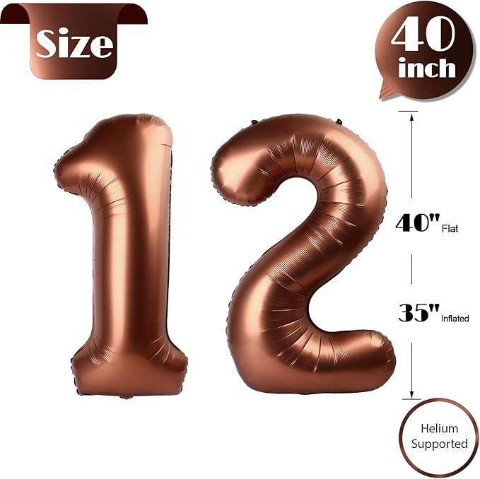 Dark Brown Number 12 Balloon 40 inch, Coffee Brown 12 Number Balloons, 12th Birthday Decorations, Chocolate 12 Year Old Girls Boys Dark Brown Party Supplies