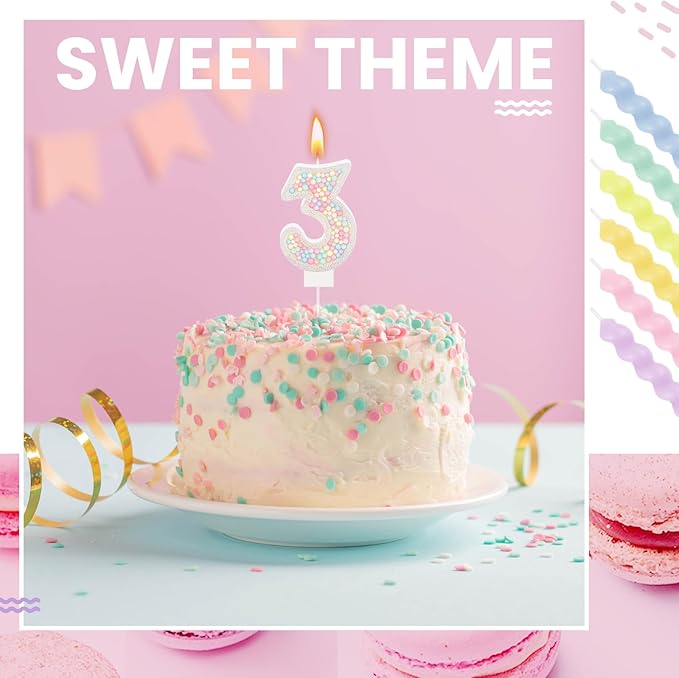 MTLEE Number 3 Birthday Candle with 12 Pcs Spiral Candles for Girls Macaron Pastel Rainbow Unicorn Pink Cake Topper for Sweet Theme Party Decoration