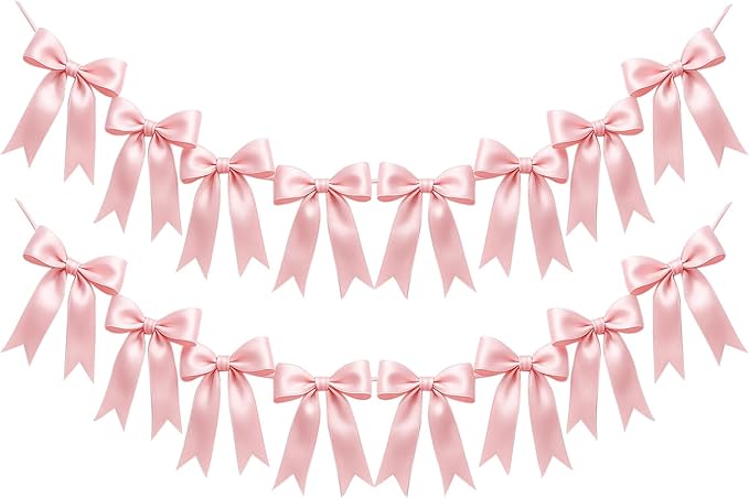 2 Strings of 16PCS Pink Bow Garlands Banner Decoration,Pre-Strung Satin Ribbon Ornaments for Birthday,Bachelorette Party,Bridal Shower, Wedding,Engagement,Baby Shower, Graduation Deco,Anniversary