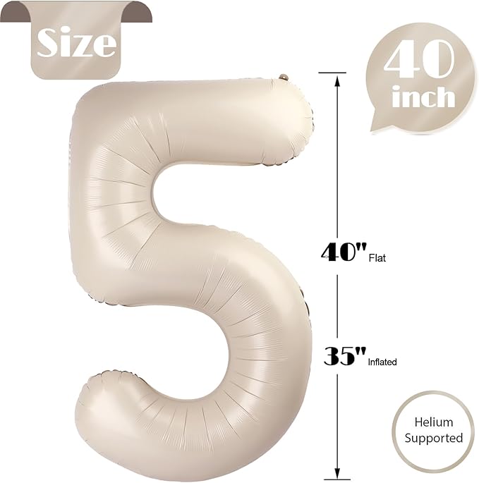 Cream Number 5 Balloon 40 Inch, 5th Birthday Party Decorations for Children, Giant 5 Foil Balloon for Party Supplies